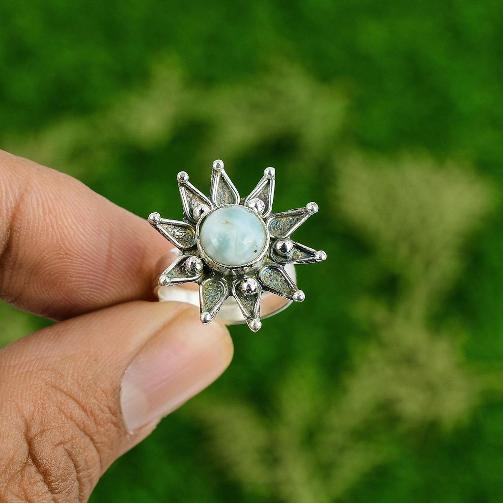 Womens day Sale Larimar Gemstone Flower Promise Ring Jewelry 925 Sterling Silver