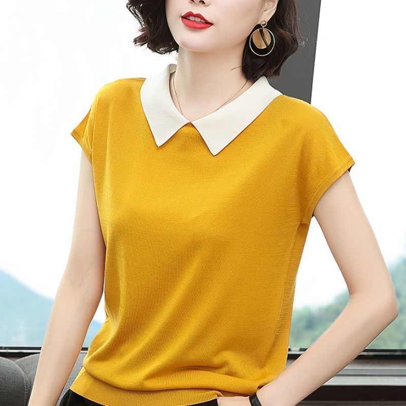 Summer Ice Silk T-shirt for Women's New Summer Loose Version Doll Collar Short-sleeved Sweater Thin Style