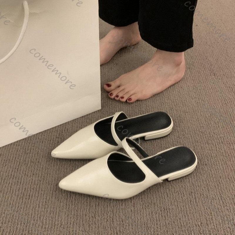 Comemore Baotou Half Slippers for Womem Temperament Shallow Mouth Pointed Head Female Summer Outside Wear Mules Slides Shoes