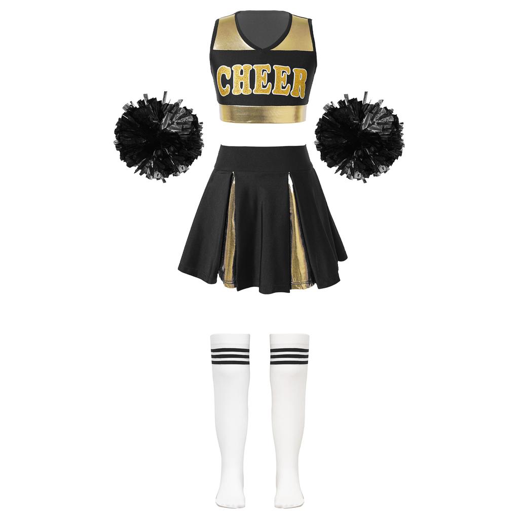 Детские танцевальные наряды для черлидинга для девочек, укороченный топ без рукавов с v-образным вырезом и буквенным принтом, плиссированная юбка, 2 шт., цветочные шарики, 1 пара полосатых носков