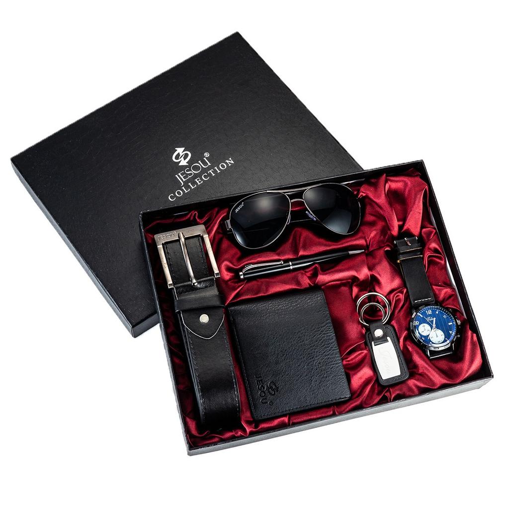 Fashion Men Gift Set Luxury Watch and Wallet Sunglasses Pen Belt Keychain 6 Piece Men Watch Set