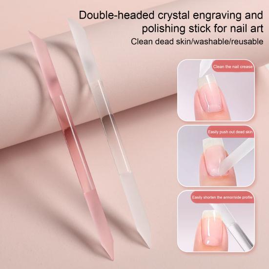 2Pcs/Set Glass Cuticle Pusher Nail File Easy Cleaning Double Sided Glass Manicure Stick with Imitation Leather Case Cuticle Remover Tool