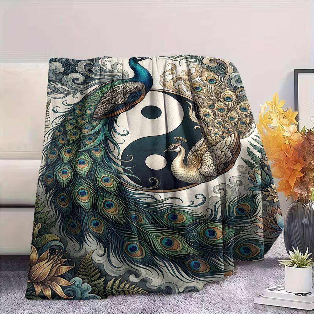 1Pc Peacock Print Flannel Blanket, High quality Comfortable for All Seasons, Home Decor, Warmth and Comfort, Perfect for Christmas Gifts W119