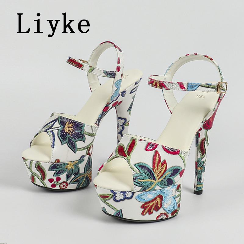 Fashion Liyke Brand Design Flowers Print Leather Platform Sandals Women Sexy Peep Toe 13CM Super High Heels Stiletto Party Banquet Shoes