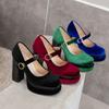 Women Velour Pumps Chunky Super High Heels Platform Green Blue Velvet Mary Jane Shoes