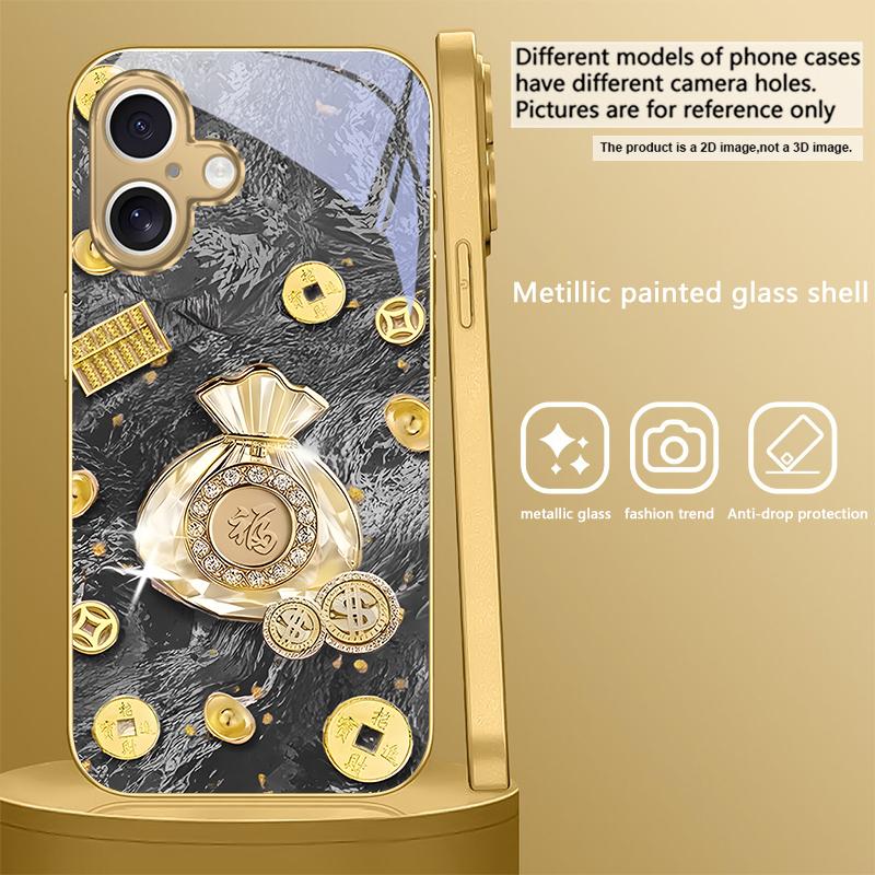 Счастливый мешок благословений Для iPhone 17 Pro Max 16 16E 15 14 13 Plus 12 mini 11 15Pro 17 Air XR X 17ProMax Золотой стеклянный чехол для телефона