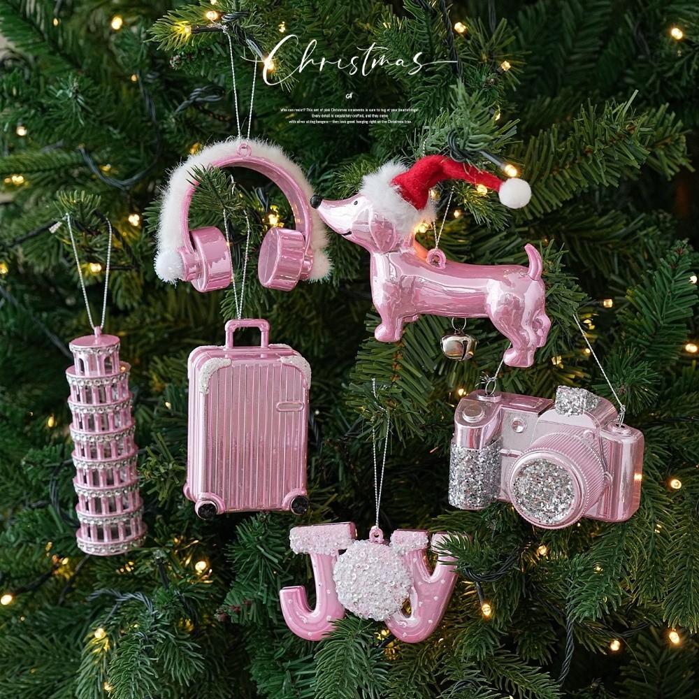 Glossy Pink Finish Christmas Tree Ornament Glitter Accent Xmas Decor Charm Window Display