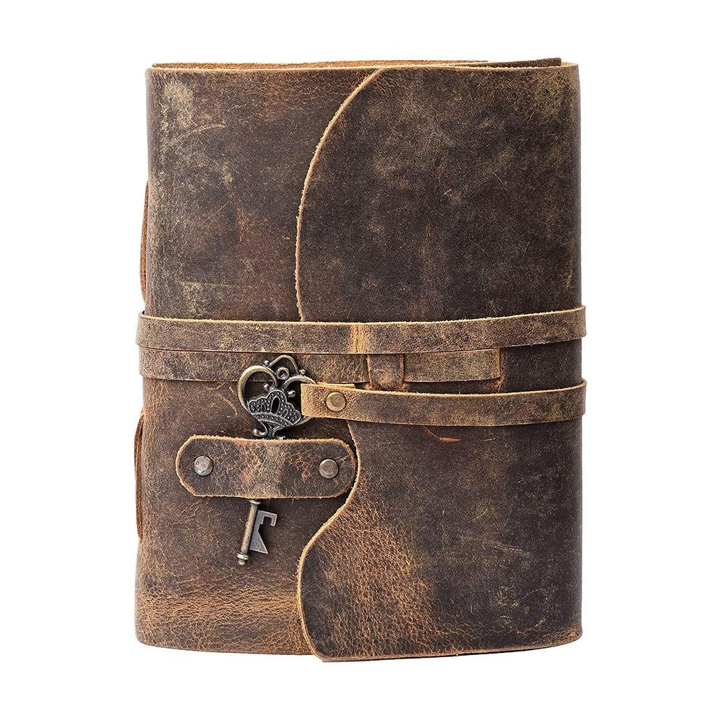 Винтажный кожаный дневник ручной работы - Винтажные страницы ручной работы - Старинная застежка на ключ - Проблемный коричневый цвет. Размер 10X7 дюймов