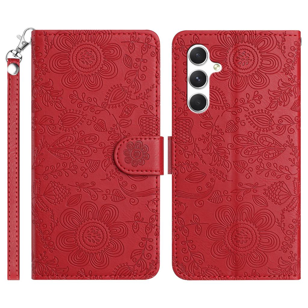 For Samsung Galaxy S26 Case Flower Imprint Leather Flip Wallet Phone Cover with Wrist Strap