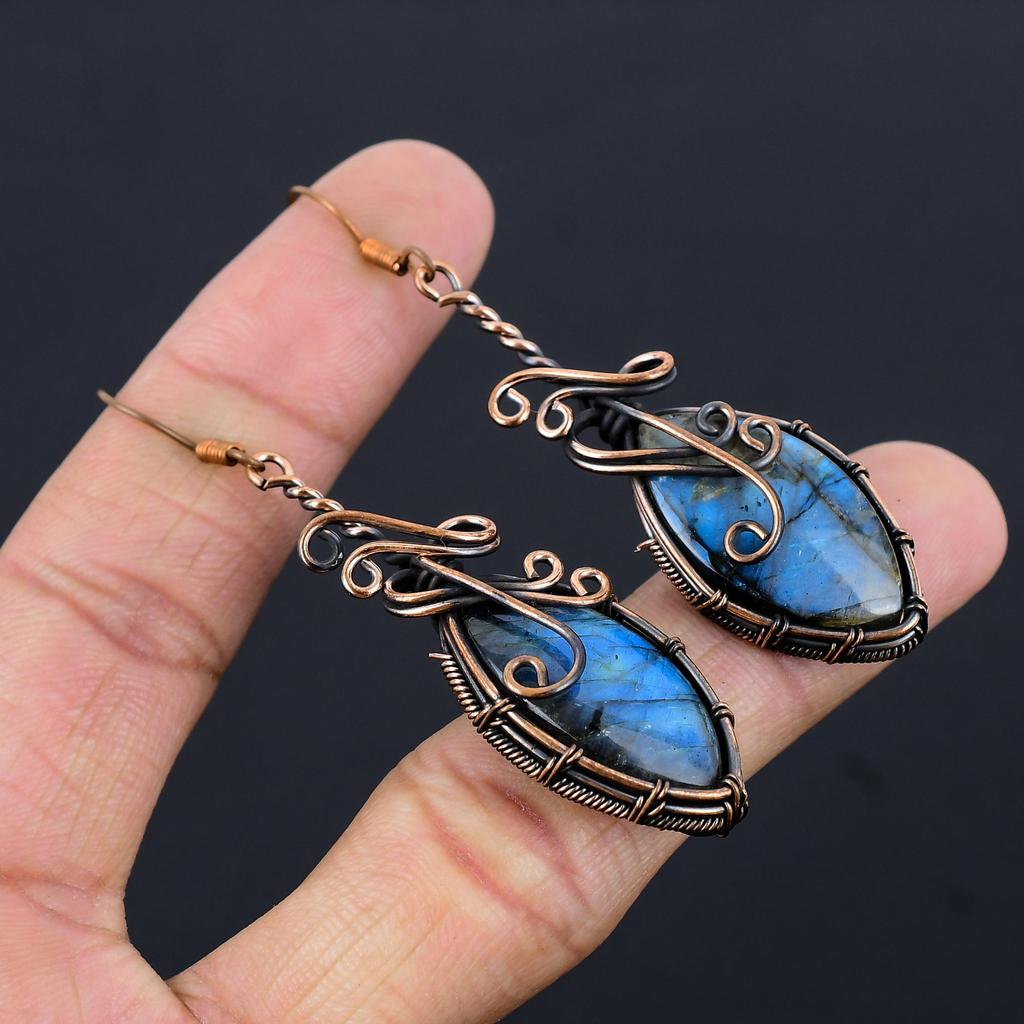 Labradorite 999 Copper Wire Wrapped Earrings, Handmade Gemstone Earrings Jewelry, Gifts For Wife Brand New Earrings