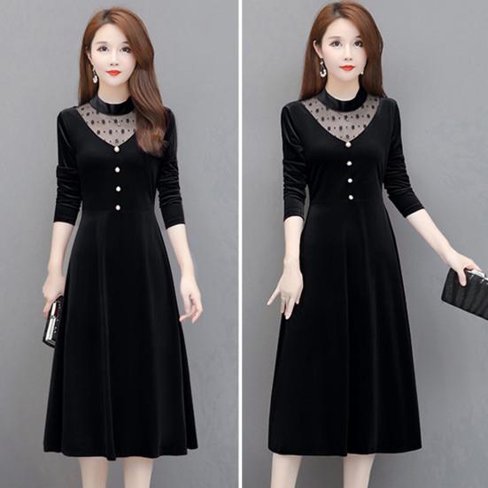 Офисное женское элегантное бархатное платье с круглым вырезом, ажурное сетчатое платье трапециевидной формы с длинными рукавами, декором на пуговицах, свободное платье миди с подолом