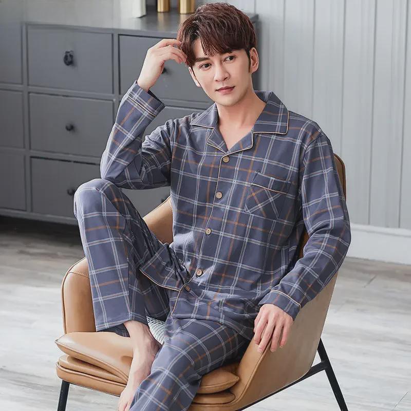 Мужская пижама-кардиган с лацканами, 100% хлопок, длинный рукав, на весну, лето и осень, размеры до 5XL