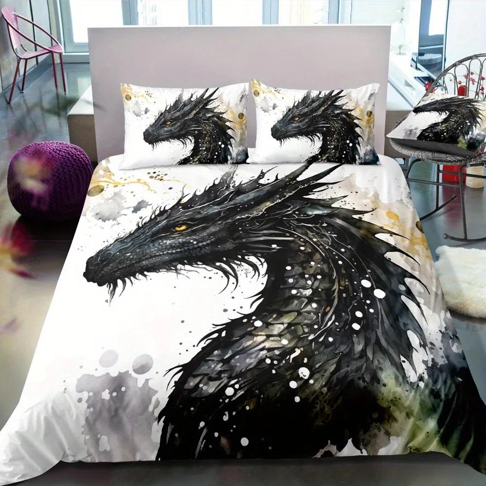 Красный Черный Дракон Принт Комплекты Пододеяльников Королева Китайский Дракон Узор Постельное Белье 3 Предмета Комплекты Наволочек Декор Спальни