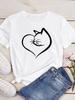 O Neck Tshirt Comfortable Cute Love Heart Cat Print  Casual Short Sleeve Top Summer Women's Clothing Cartoon Streetwear