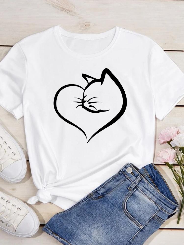 O Neck Tshirt Comfortable Cute Love Heart Cat Print Casual Short Sleeve Top Summer Women's Clothing Cartoon Streetwear