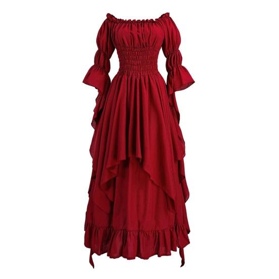 Women Ball Gown Off Shoulder Gothic Long Horn Sleeves Irregular Layered Pleated Elastic Tight Waist Solid Color Retro Renaissance Princess Dress