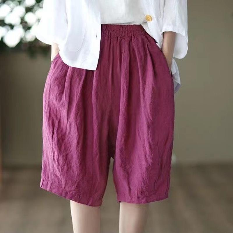 Женские шорты из хлопка и льна с высокой посадкой - Летние повседневные однотонные широкие шорты до колена
