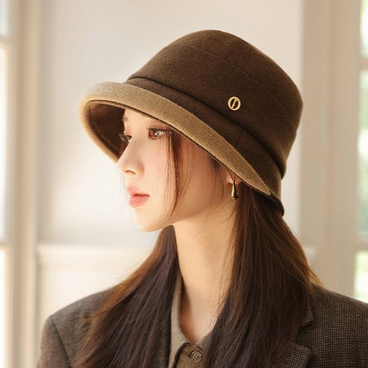 Autumn and Winter New Woolen Bucket Hat Women's Warm Ear Protector Basin Hat Elegant Fashion Bucket Hat