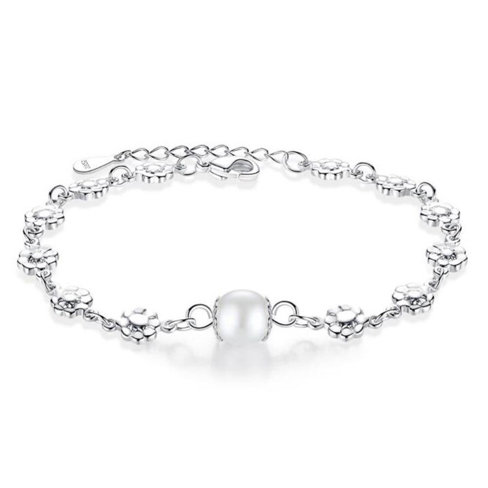 925 Sterling Silver Jewelry Bracelet High Quality Retro Fashion Woman Pearl Flower Type DIY Bracelet Length 21.5CM