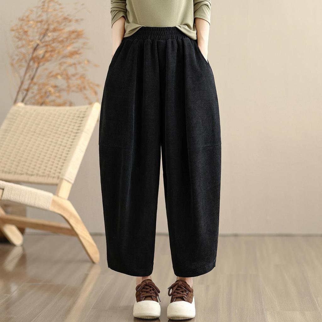 Вельветовые больших размеров Винтажные с высокой талией повседневные свободные Весенне-осенние Брюки-шаровары Женские брюки