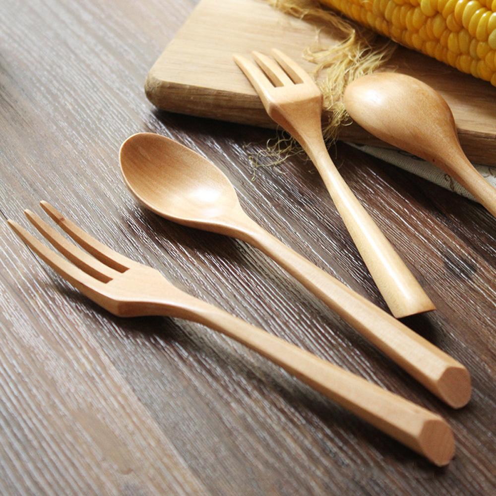 Dinner Eco-friendly Kitchen Dessert Wood Handle Salad Wooden Spoon Tableware Utensils Fork