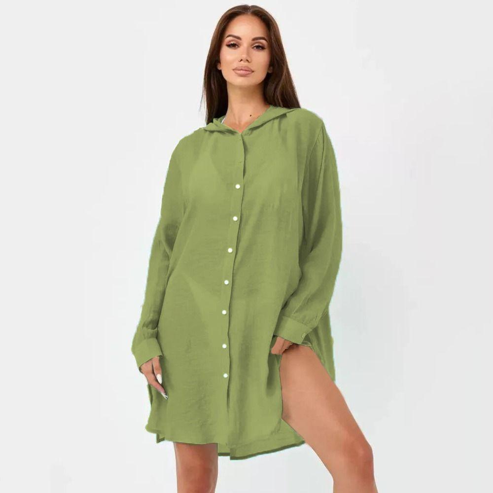 Solid Color Button Down Tunic Dress Long Sleeve Blouse Tops Beach Bikini Cover-up Vacation Outfit