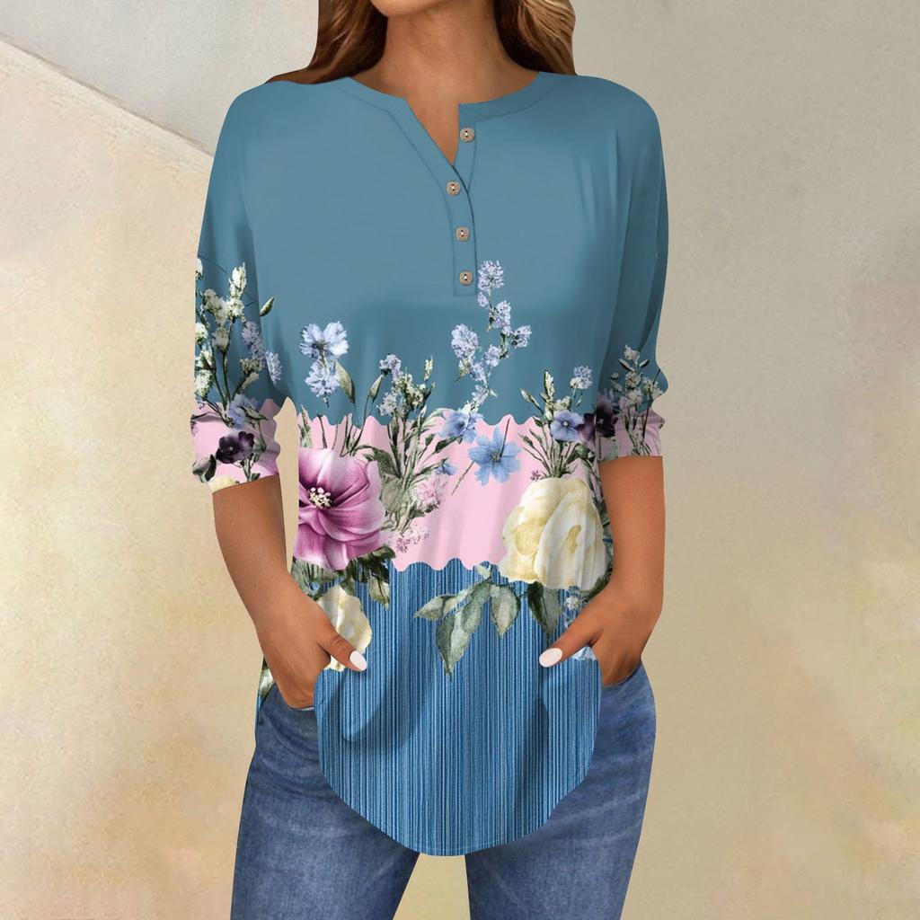 Женская свободная футболка с воротником на пуговицах и винтажным цветочным принтом, рукав три четверти