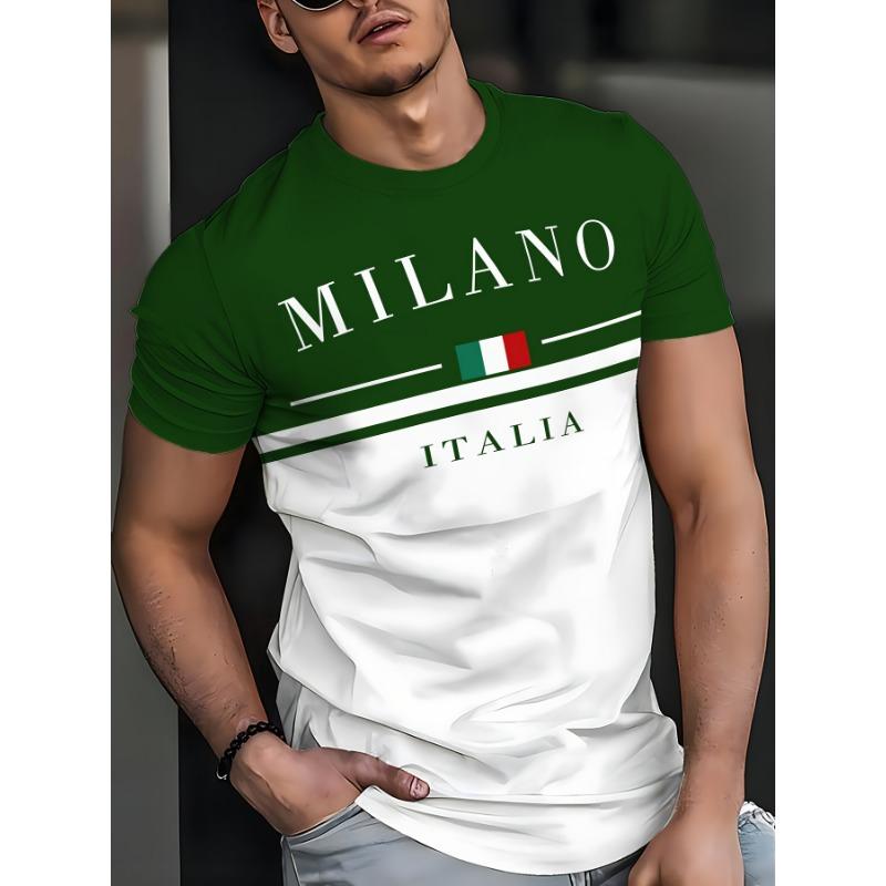 Italia Milano Letter Pattern 3D Prited Men's Tshirts Short Sleeve Casual Tops Mens O-neck T-shirt Boys Loose Streetwear