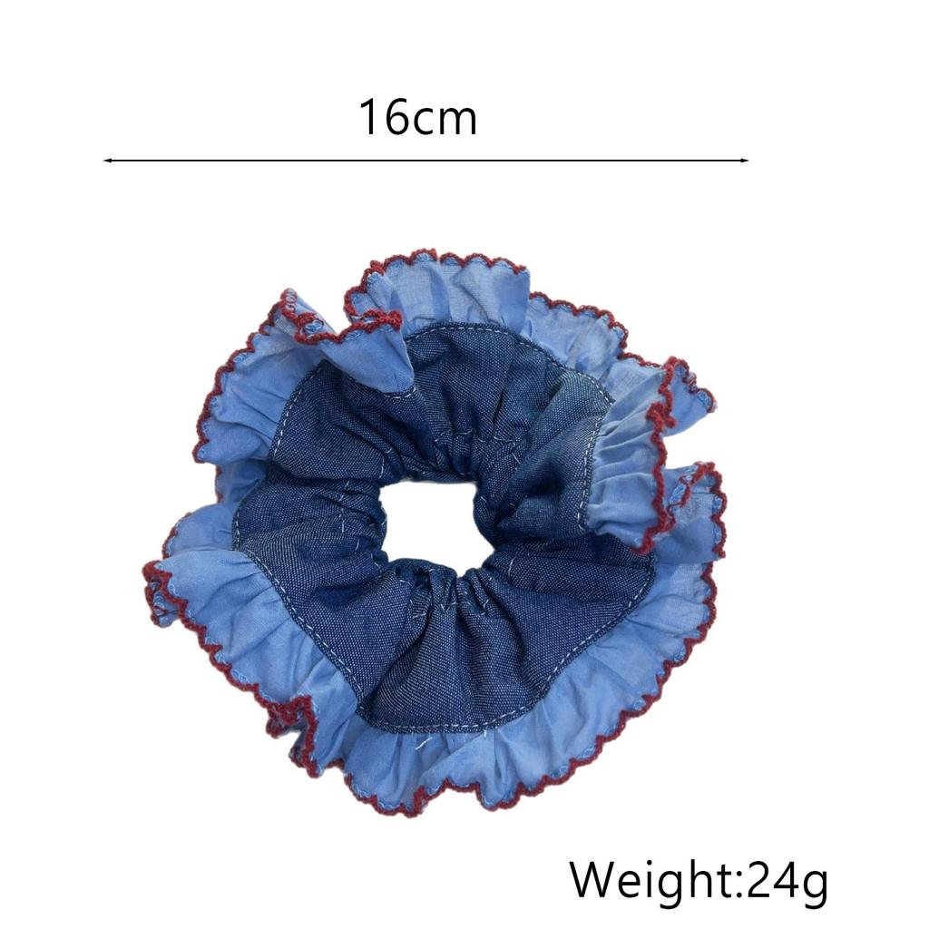 1PC Blue Color Block Retro Large Intestine Headband for Woman and Girls Red Edged Denim Fabric Double Layered Headband Hair Ties