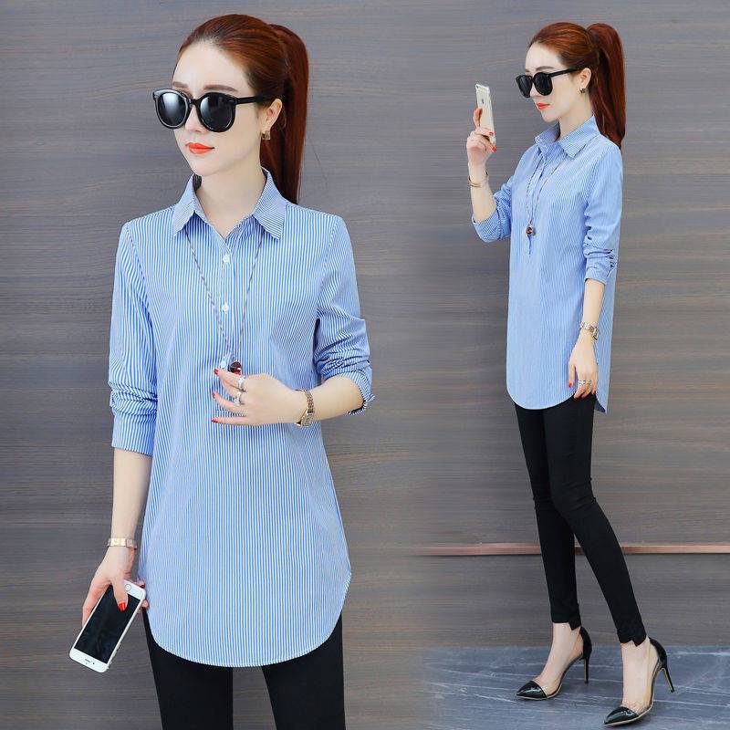 Модные женские блузки весна-осень в стиле с длинным рукавом в полоску женские длинные рубашки элегантные женские повседневные топы DF3415