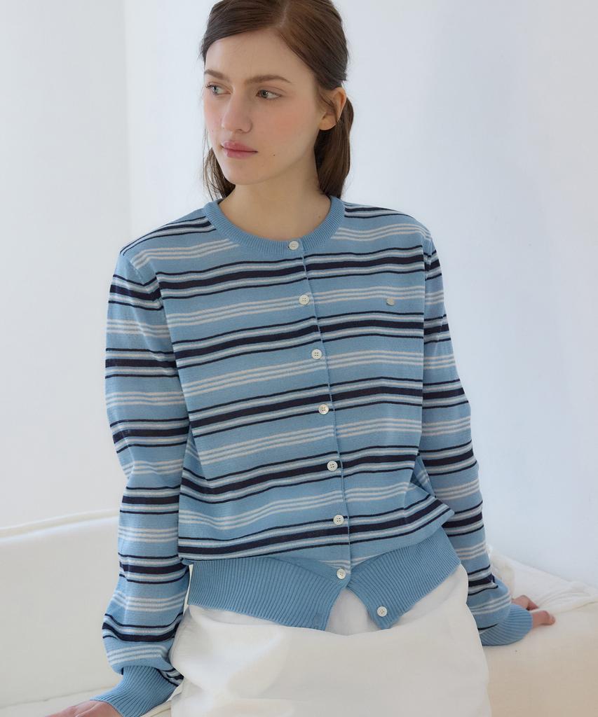 OURHOPE Sheer Multi-Stripe Round Neck Cardigan - Sky Blue