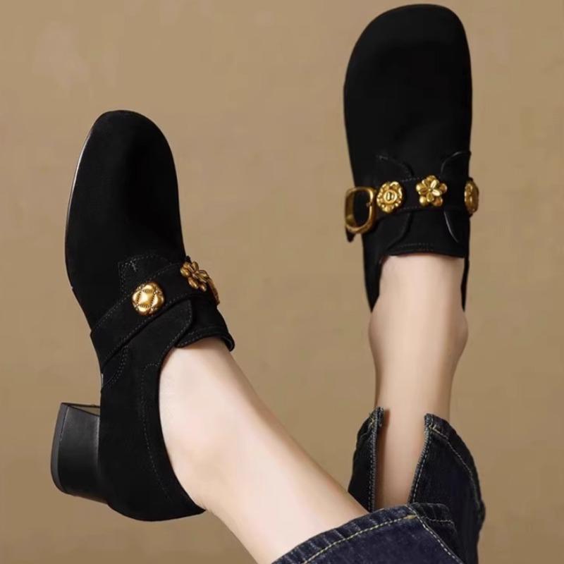 Металлическая Пряжка Блок Каблук Однотонная Обувь Мода Квадратный Носок Глубокий Вырез Замша Нескользящая Износостойкая Каблуки-Киттен