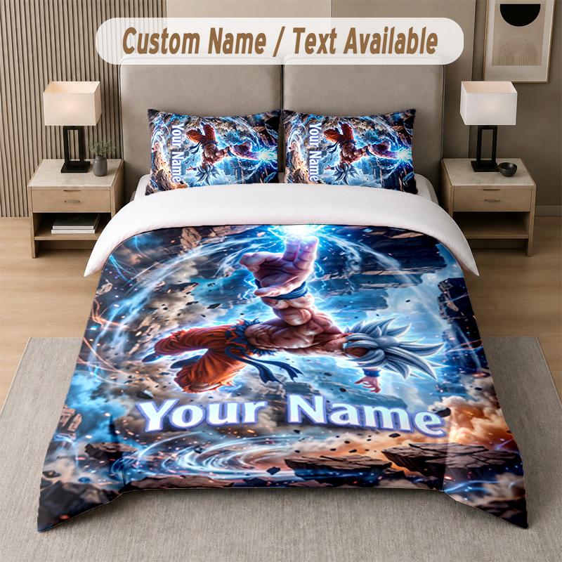 Dragon Ball 3Pcs Bedding Set, Personalized Custom Name Text, 1 Duvet Cover & 2 Pillowcases For Bedroom