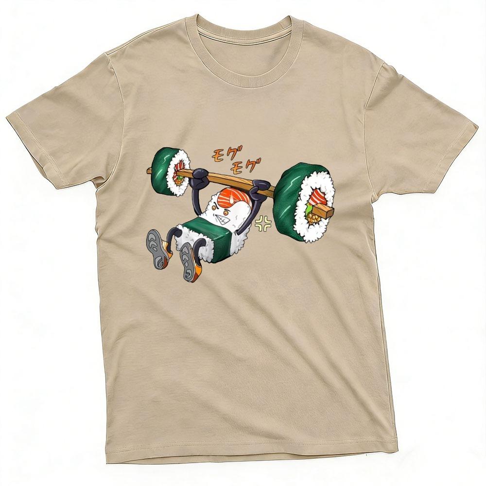 Funny Graphic Tee Anime Cartoon Sushi Lifting Barbell Japanese Sound Effect Print Short Sleeve Loose Unisex T Shirt Tops