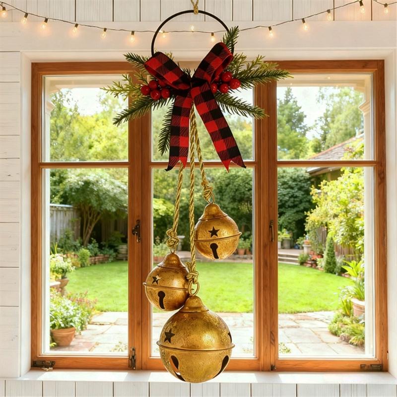 Metal Jingled Bells Christmas Hanging Ornaments Metal Bells Cluster with Tartans Ribbon for Mantels and Entryway Displays