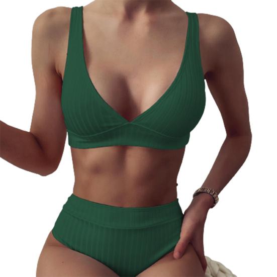 Бикини из двух частей с V-образным вырезом, сплошной цвет, женский ребристый глубокий комплект, бюстгальтер, трусы, купальник для лета