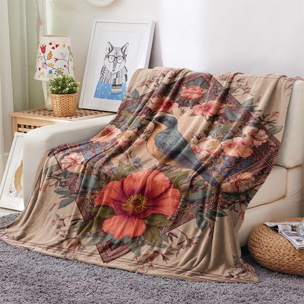 Flower Birds Print Flannel Blanket, High quality Comfortable for All Seasons, Home Decor, Warmth and Comfort