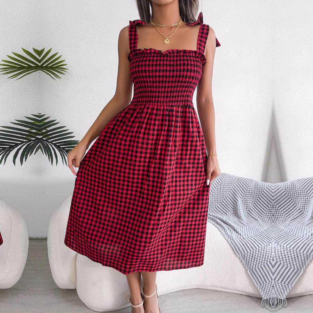Женское повседневное платье без рукавов с лямкой на шее и лямкой на шнуровке, контрастное клетчатое длинное платье с высокой талией, S-XL