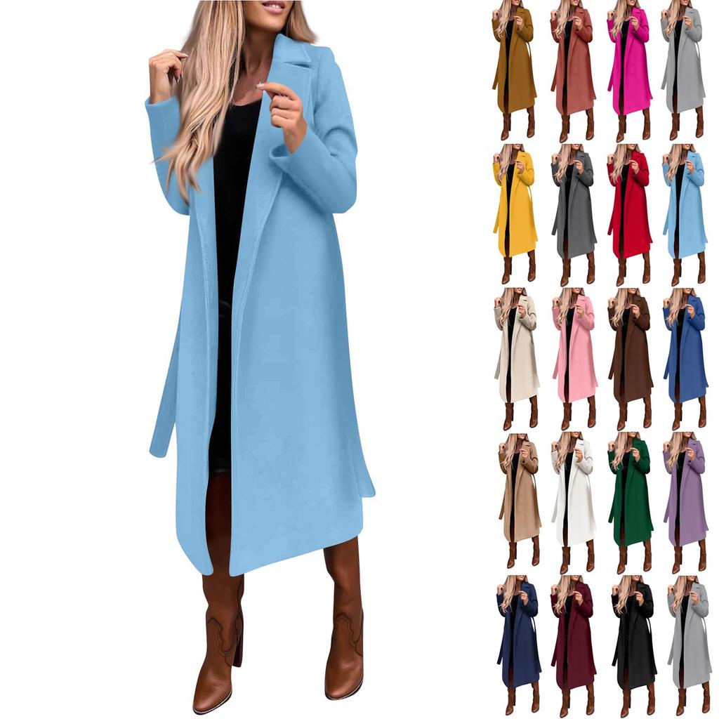 Women's Winter Woolen Coat Elegant Lapel Trench Coat Solid Color Long Jacket Work Tie Long Coat