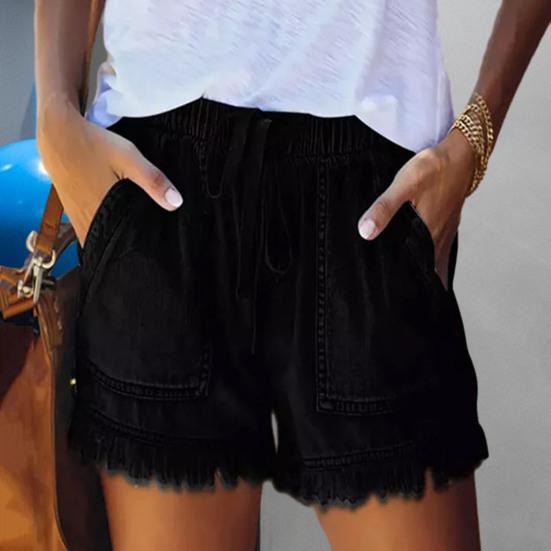 Женские шорты с эластичным поясом средней посадки и широкими карманами на шнурке, впитывающие пот, однотонные манжеты с кисточками, спортивные шорты, уличная одежда