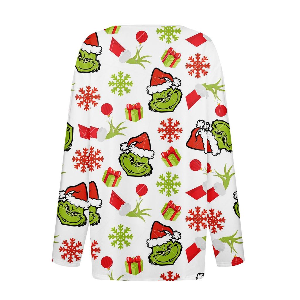 Women's Straight Shoulders Christmas Print Long Sleeve Straight Shoulders V-Neck Button T-Shirt Top