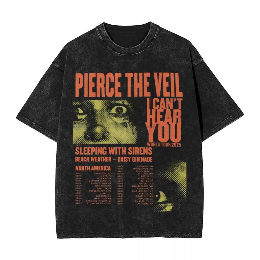 Стирка Т-shirt Pierce The Veil 2026 Tour Уличная одежда Винтажная футболка Рок-группа Футболки для Мужчин Женщин Короткий Рукав Харадзюку С принтом