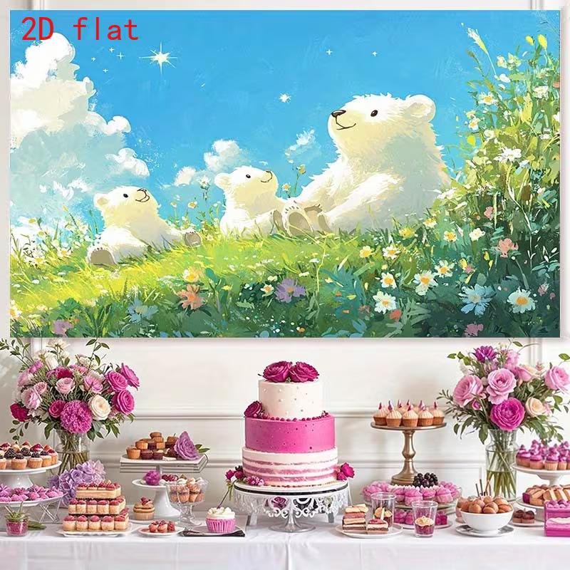 2D Children's Room Photography Background with Cheerful Bears and Meadow