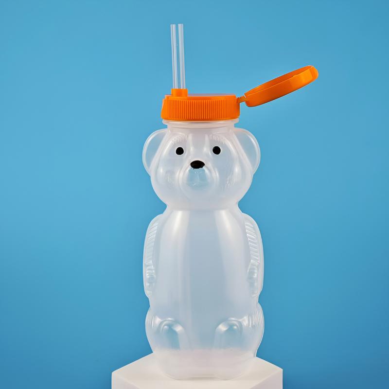 Cute Bear Shaped Bottle Plastic Drink Container Cartoon Honey Bear Straw Cup with Flexible Straws for Milk Juice Honey Storage