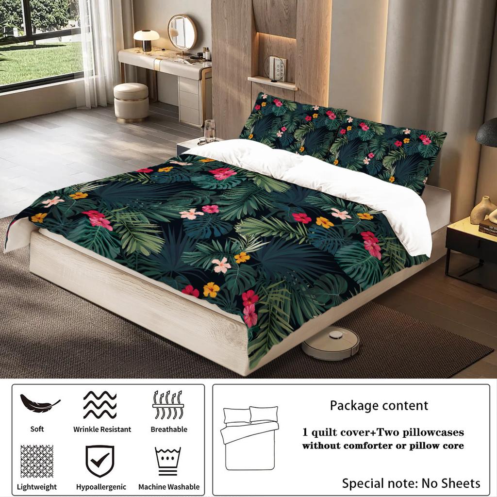 3pcs palm leaves pattern printed bedding set, suitable for teenagers and adult's bedroom, camping, 1*duvet cover+2*pillowcase