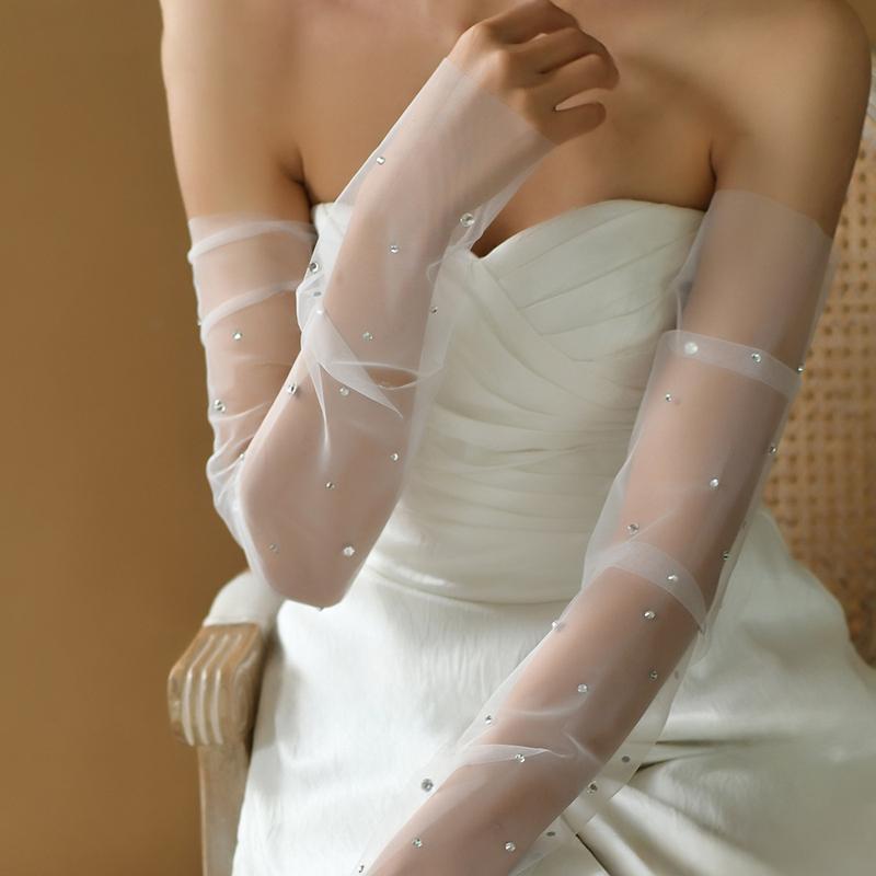 Removable Lace Long Bridal Gloves Hollow Out Transparent White Wedding Women Mesh Decoration Arm Sleeves