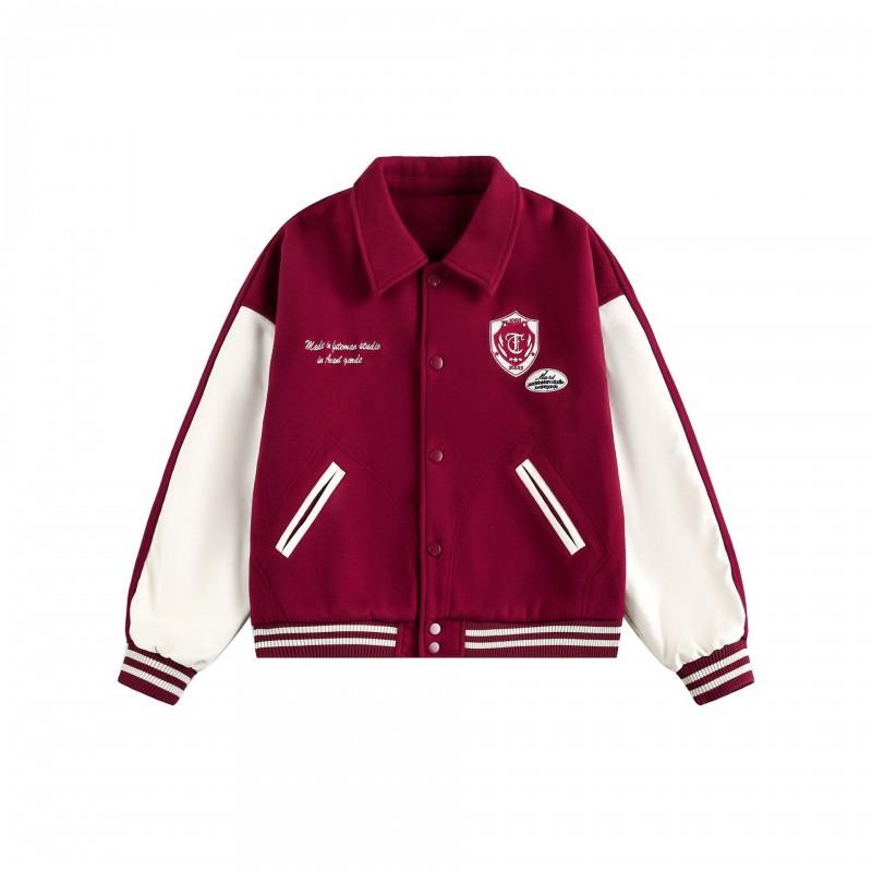Unisex College Style Patch Embroidery Baseball Jacket Short Loose Fit Cotton Outerwear Teens