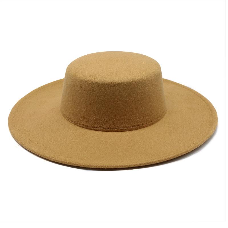 Thickened Men'S And Women'S Top Hats With 10Cm Brim, Woolen Felt Flat Top Hat, Big Brim Felt Hat