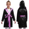 Kids Boys Boxing Robe Thai Kickboxing Costume Long Sleeve Open Front Hoodie Cloak with Belt Workout Sports Fitness Joggers