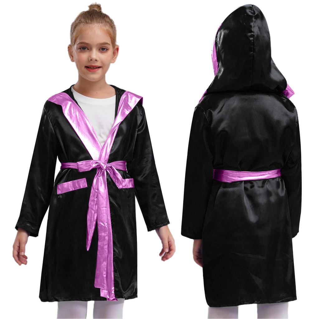 Kids Boys Boxing Robe Thai Kickboxing Costume Long Sleeve Open Front Hoodie Cloak with Belt Workout Sports Fitness Joggers